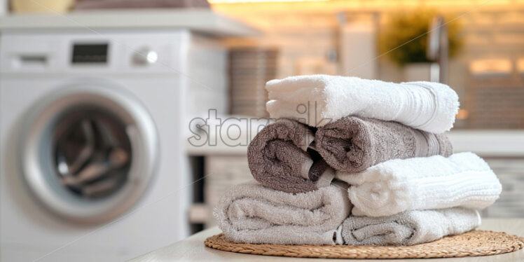 Freshly washed towels on the background of a washing machine - Starpik Stock