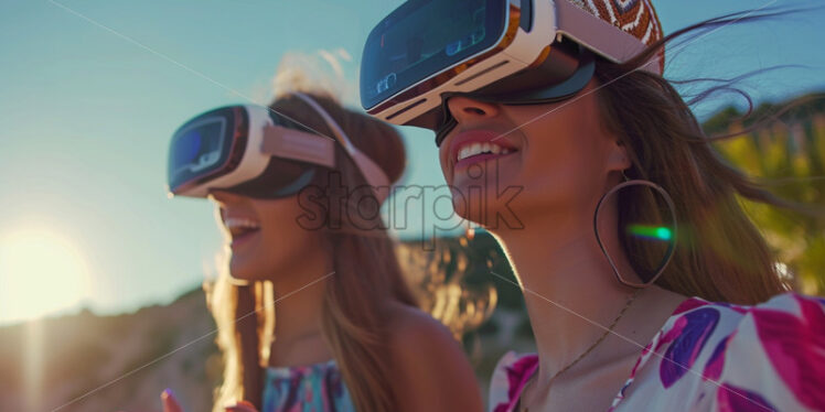 Friends having fun outdoors with VR glasses - Starpik Stock