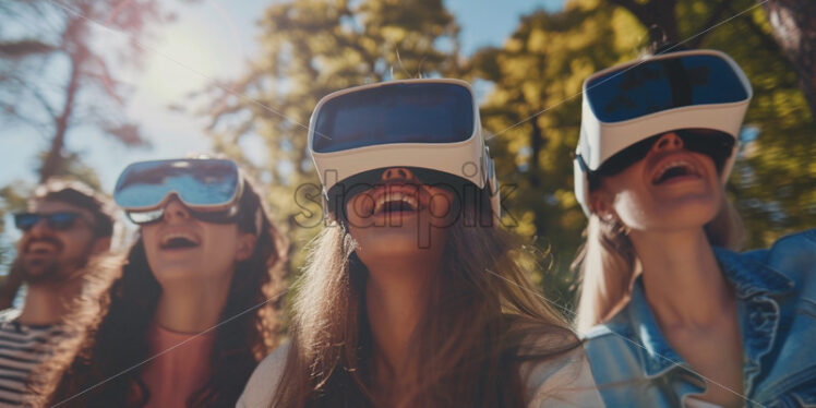 Friends having fun outdoors with VR glasses - Starpik Stock