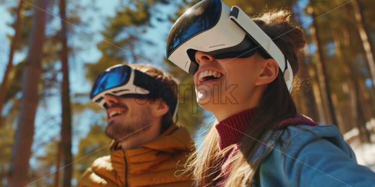 Friends having fun outdoors with VR glasses - Starpik Stock