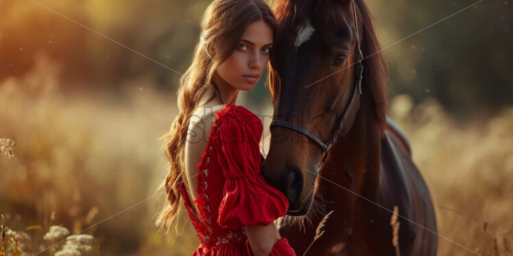 Genuine woman and her horse in the countryside - Starpik Stock