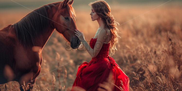 Genuine woman and her horse in the countryside - Starpik Stock