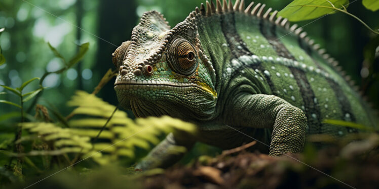 Giant chameleon blending seamlessly with its surroundings as it moves through dense foliage - Starpik Stock