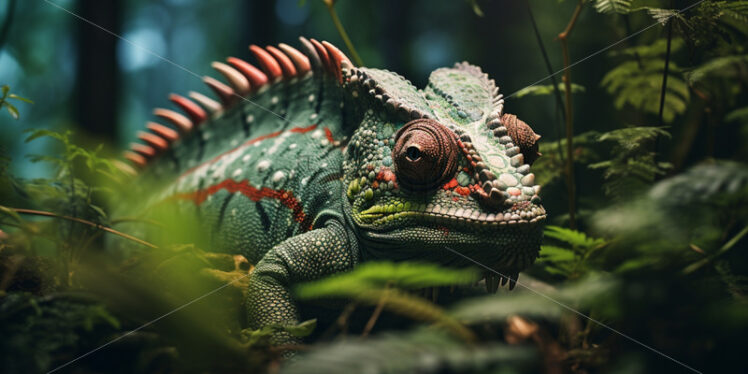 Giant chameleon blending seamlessly with its surroundings as it moves through dense foliage - Starpik Stock