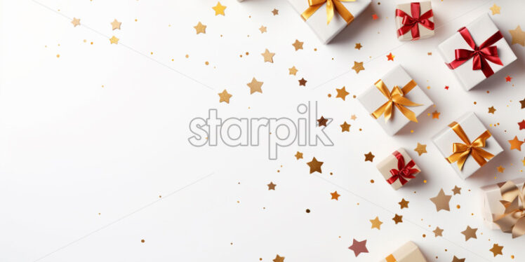 Gift box and stars confetti on isolated white background - Starpik Stock