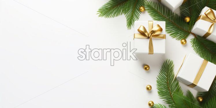 Gifts and fir branches on a white background - Starpik Stock