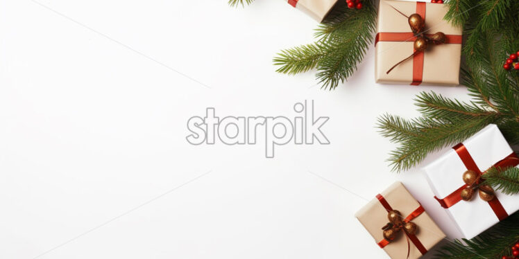 Gifts and fir branches on a white background - Starpik Stock