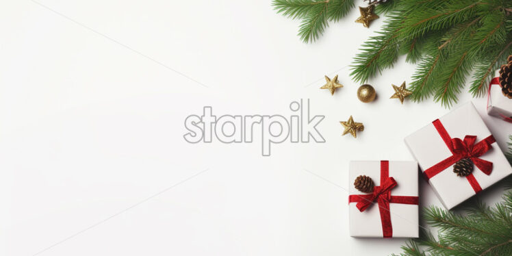 Gifts and fir branches on a white background - Starpik Stock