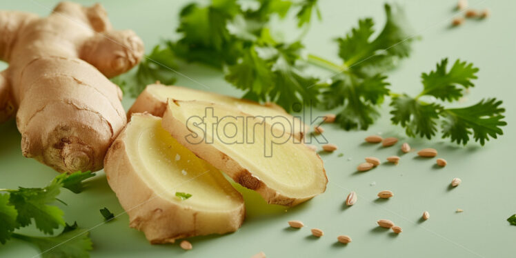 Ginger slices and coriander seeds on green isolate background - Starpik Stock