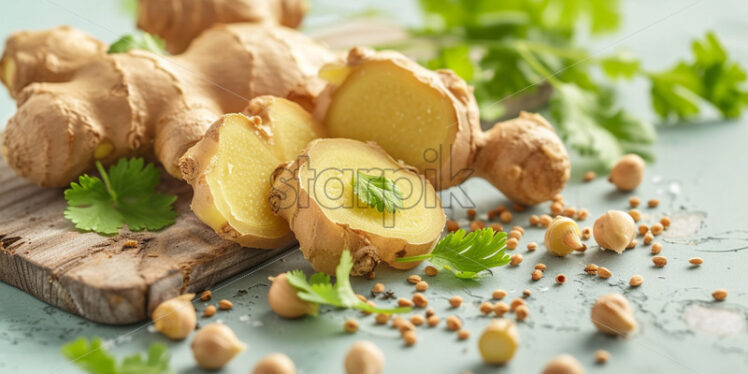 Ginger slices and coriander seeds on green isolate background - Starpik Stock