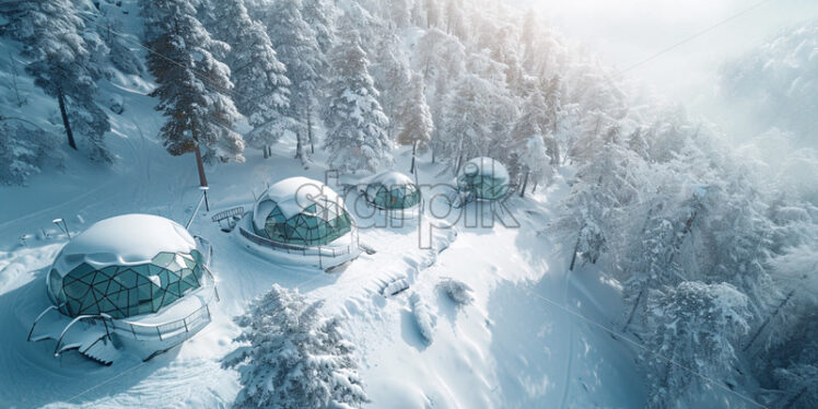 Glamping glass houses in winter forest - Starpik Stock