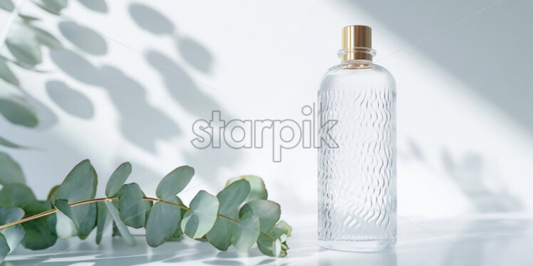 Glass bottle with gold lid, standing on white table - Starpik Stock