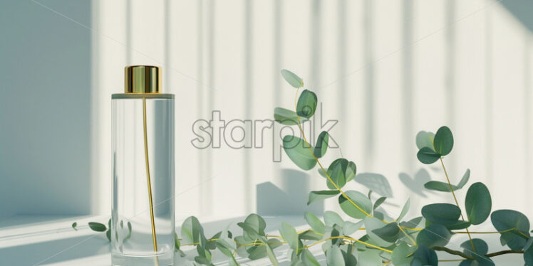 Glass bottle with gold lid, standing on white table - Starpik Stock