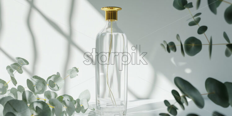 Glass bottle with gold lid, standing on white table - Starpik Stock