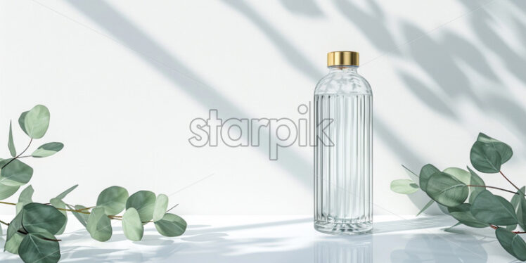 Glass bottle with gold lid, standing on white table - Starpik Stock