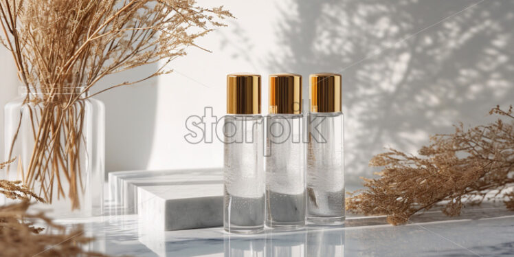 Glass bottles with gold lids standing on a marble stone - Starpik Stock