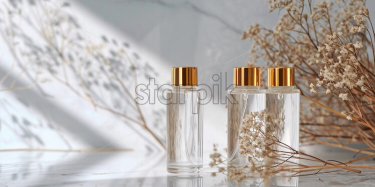 Glass bottles with gold lids standing on a marble stone - Starpik Stock