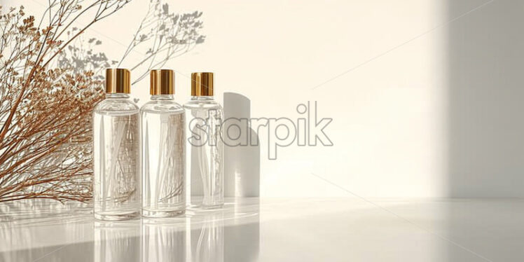 Glass bottles with gold lids standing on a white table - Starpik Stock