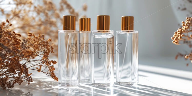 Glass bottles with gold lids standing on a white table - Starpik Stock