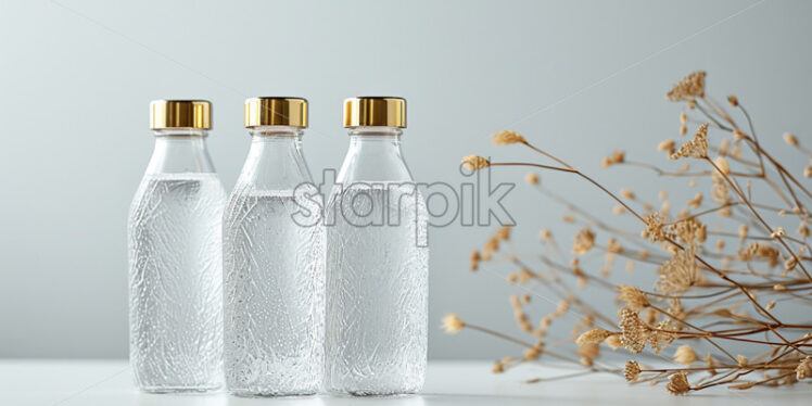 Glass bottles with gold lids standing on a white table - Starpik Stock