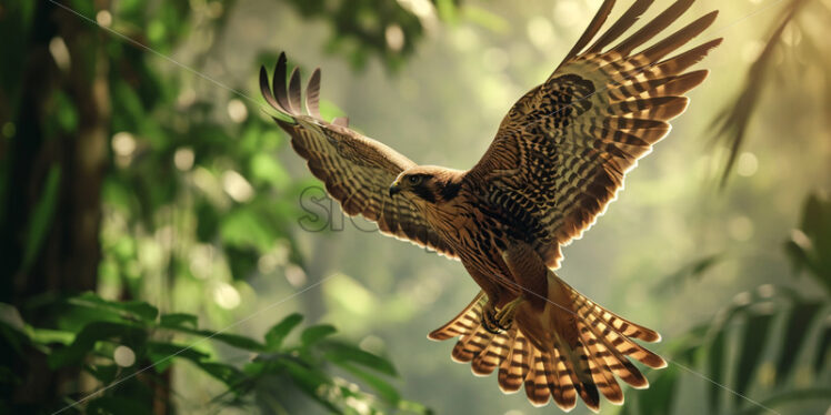 Graceful and majestic falcon soaring high above the jungle canopy - Starpik Stock