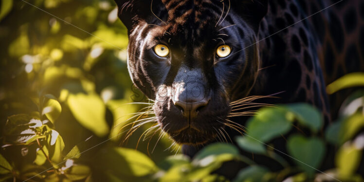 Graceful panther gracefully moving through the foliage, its coat shimmering in the dappled sunlight - Starpik Stock