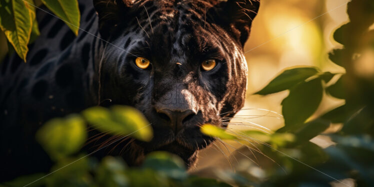 Graceful panther gracefully moving through the foliage, its coat shimmering in the dappled sunlight - Starpik Stock