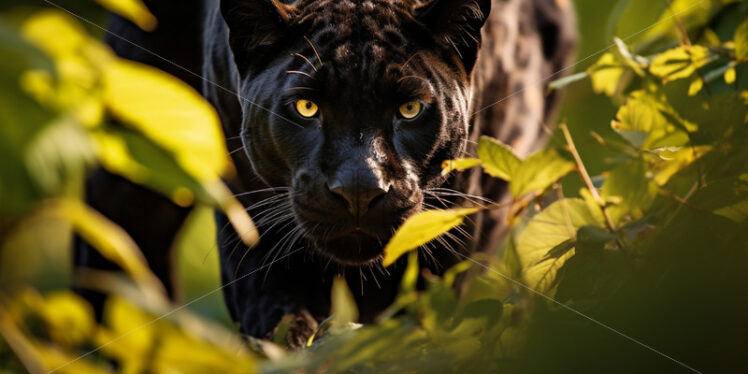 Graceful panther gracefully moving through the foliage, its coat shimmering in the dappled sunlight - Starpik Stock