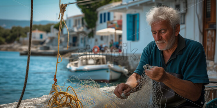 Greek fisherman repairing nets - Starpik Stock