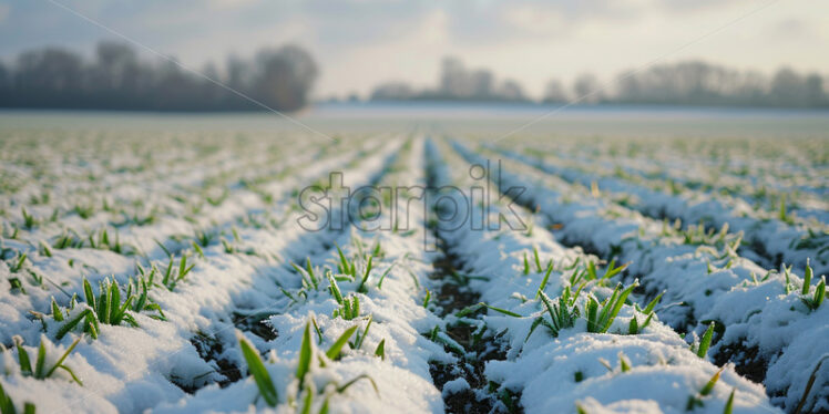 Green wheat that barely comes out of the ground in winter - Starpik Stock