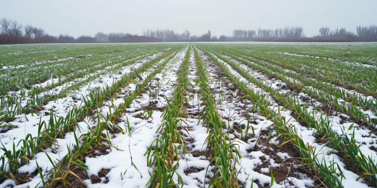 Green wheat that barely comes out of the ground in winter - Starpik Stock