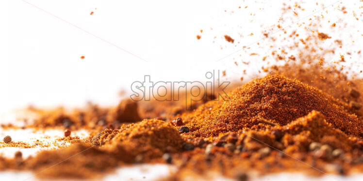 Ground nutmeg and paprika powder on white background - Starpik Stock