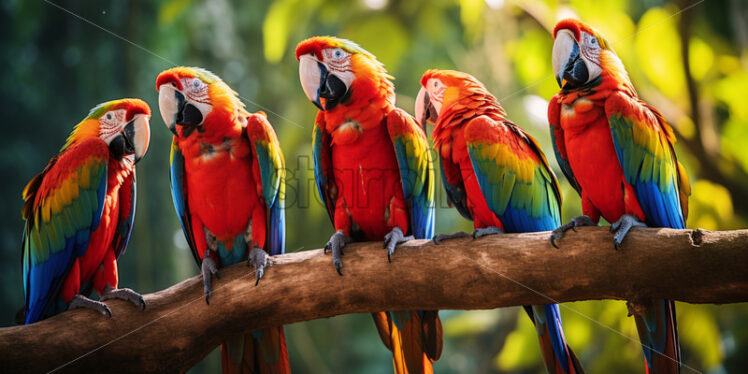 Group of colorful macaws engaged in vibrant midday chatter amid lush foliage - Starpik Stock