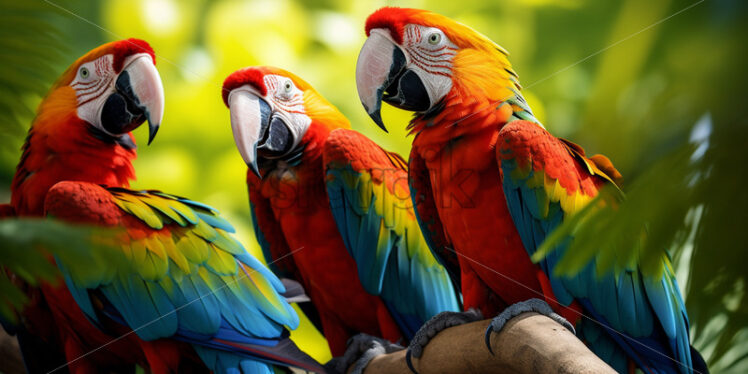 Group of colorful macaws engaged in vibrant midday chatter amid lush foliage - Starpik Stock