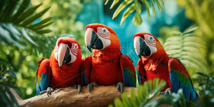 Group of colorful macaws engaged in vibrant midday chatter amid lush foliage - Starpik Stock