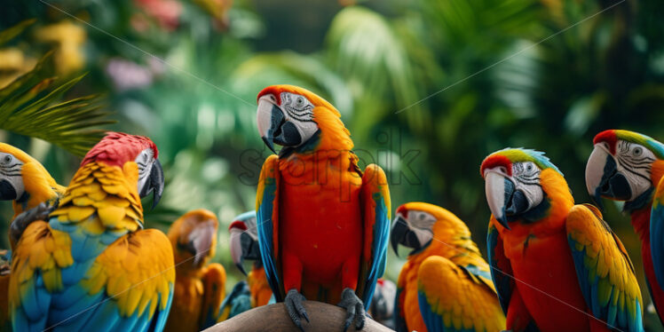 Group of colorful macaws engaged in vibrant midday chatter amid lush foliage - Starpik Stock