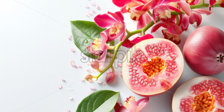 Guava and orchids, on isolate white background - Starpik Stock