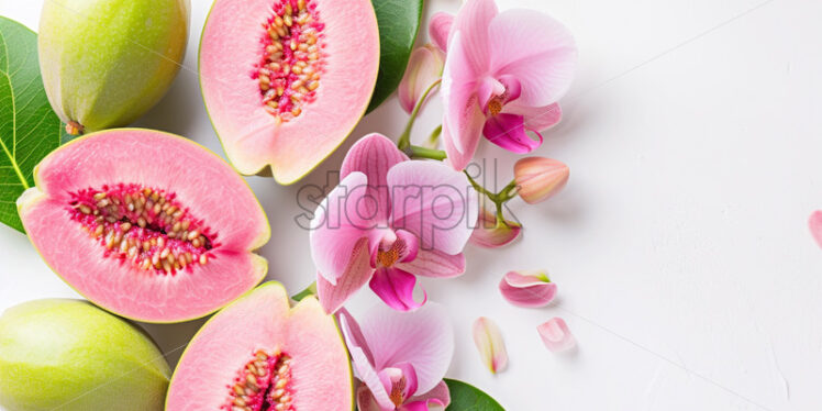 Guava and orchids, on isolate white background - Starpik Stock