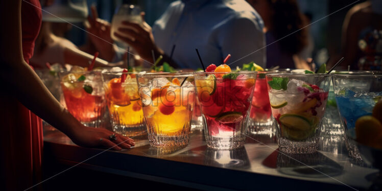 Guests of party enjoying refreshing drinks at a well-stocked beverage station - Starpik Stock