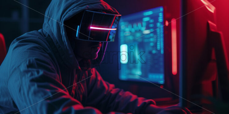 Hacker wearing VR glasses, sitting in front of the computer - Starpik Stock