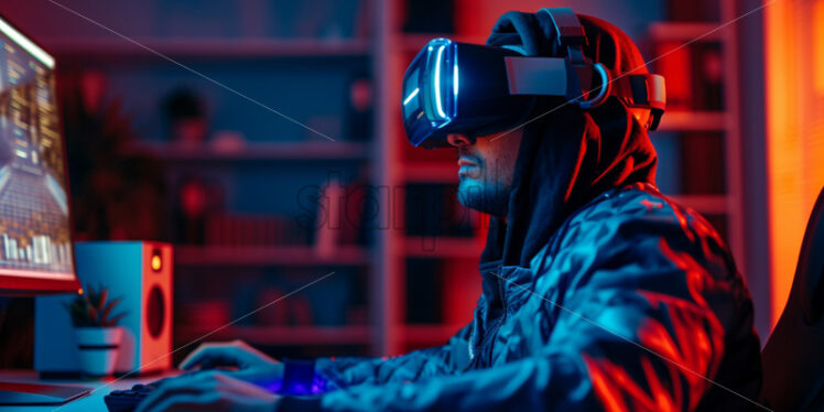 Hacker wearing VR glasses, sitting in front of the computer - Starpik Stock