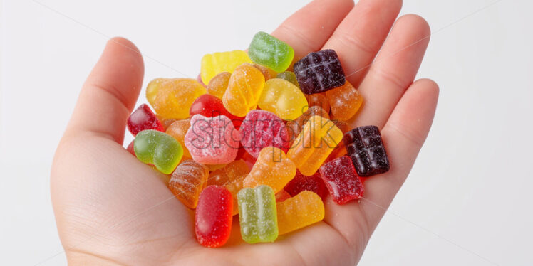 Hand holding variety candies on a isolate white background - Starpik Stock