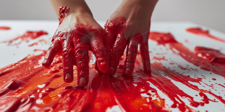 Hands in red paint on a white background - Starpik Stock