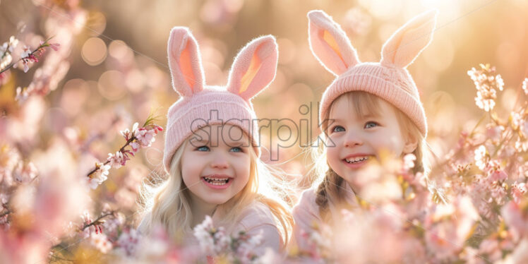 Happy family in a blooming cherry tree garden, two kids with bunny ears - Starpik Stock