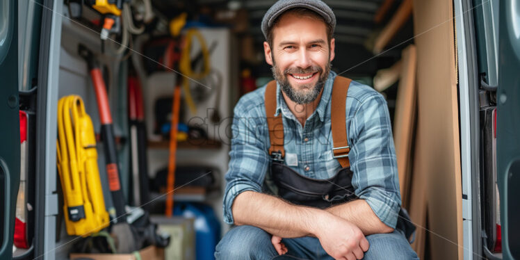 Happy plumber with loaded equipment - Starpik Stock