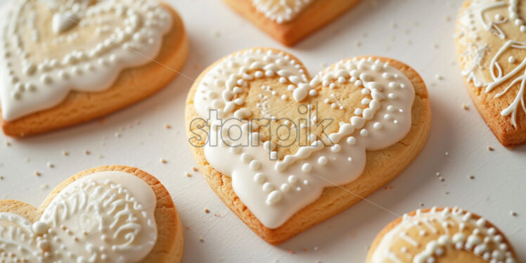 Heart-shaped sugar cookies intricately decorated with royal icing, set on a plain white background - Starpik Stock