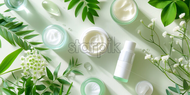 Homemade skincare table, light green and white theme - Starpik Stock