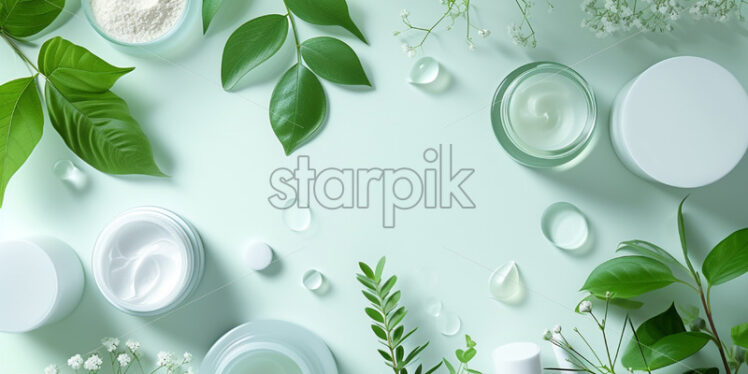 Homemade skincare table, light green and white theme - Starpik Stock