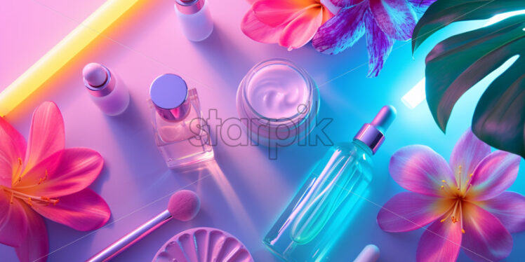 Homemade skincare table, vibrant neon theme, top view - Starpik Stock