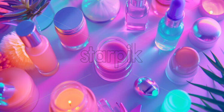 Homemade skincare table, vibrant neon theme, top view - Starpik Stock